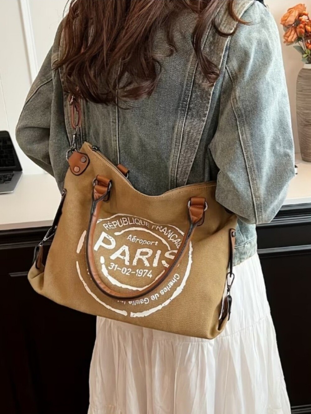 Canvas Paris-Print Shoulder Bag in Tan